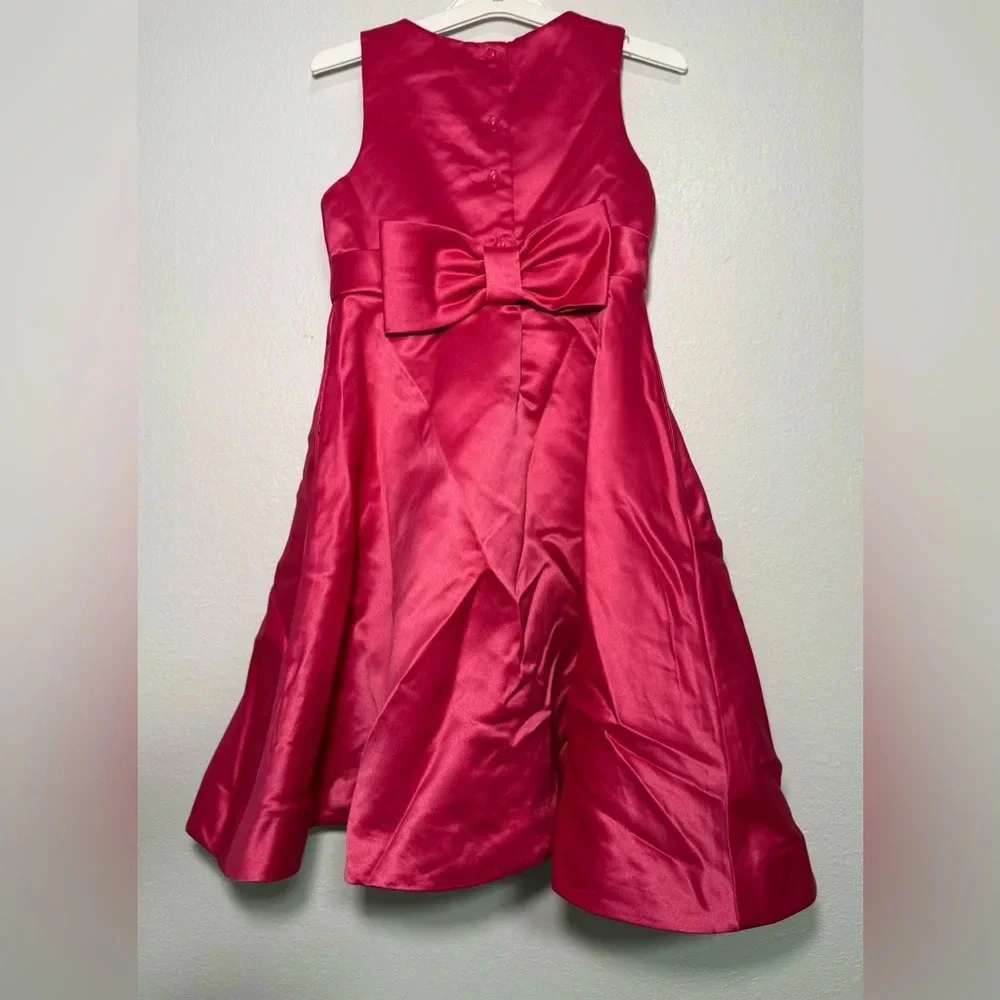 Janie and Jack Satin Party Dress Kids 4 Pink Excellent Back Bow Pleated Neck
